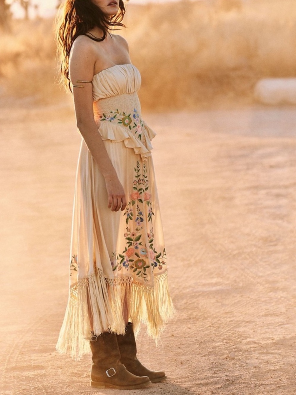 Free People Bali Sugar Rose Embroidered Smocked Fringed Bodysuit Dress RARE